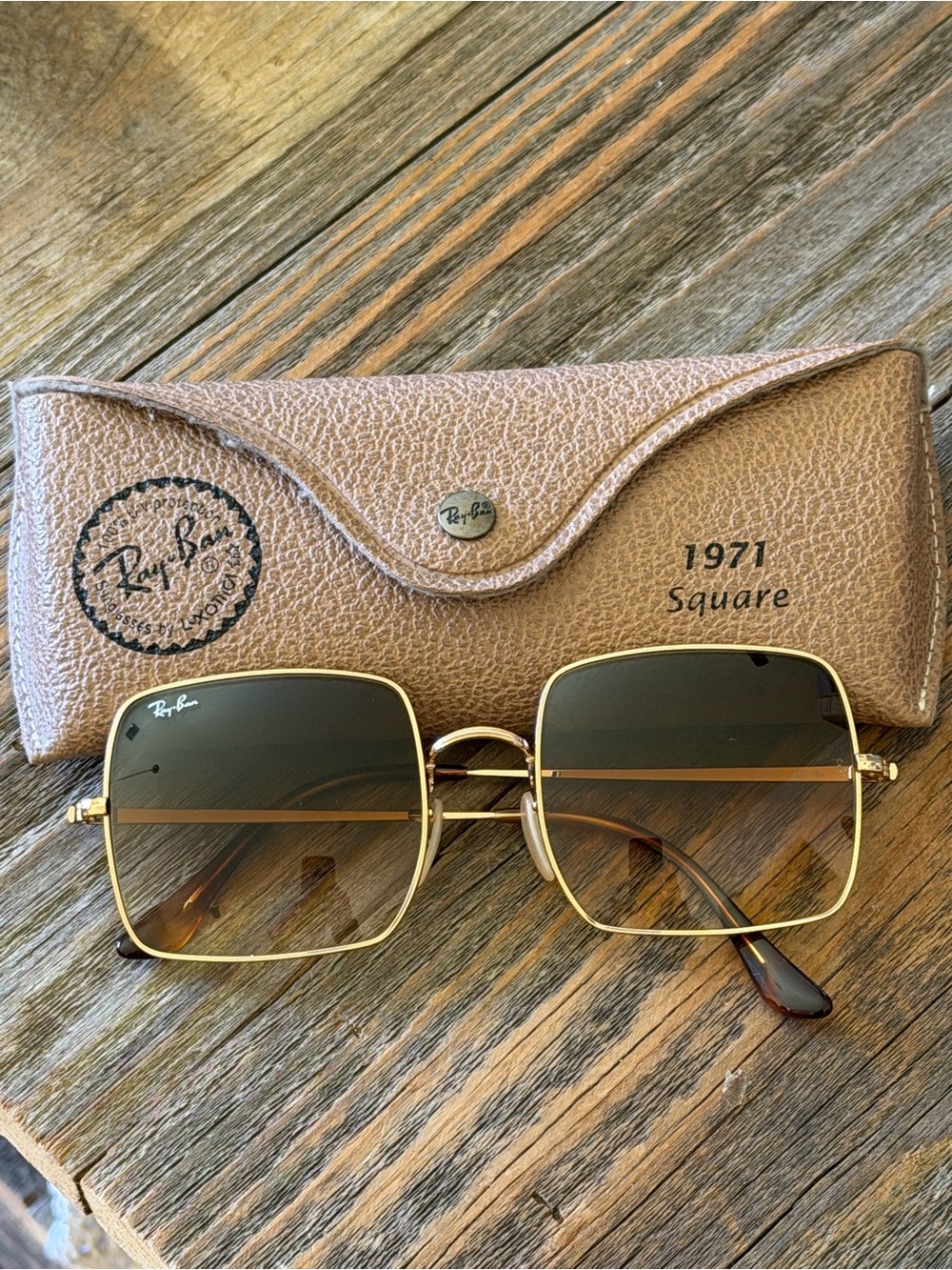 Ray-Ban Gold Frame Sunglasses with Brown Gradient Lenses and Square 1971 Style